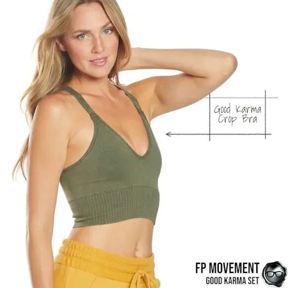 FP MOVEMENT GOOD KARMA SET: CROP TANK BRA + FLARE LEGGINGS IN MUSHROOM & GREEN - Picture 4 of 15